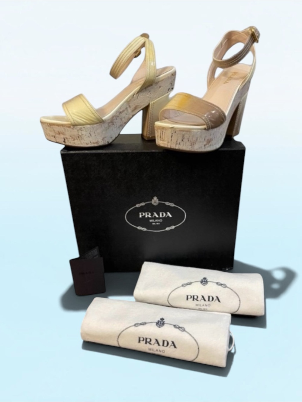 PRADA VERNICE BIANCO-QUARZO PATENT LEATHER OMBRE SANDALS SIZE 38.5